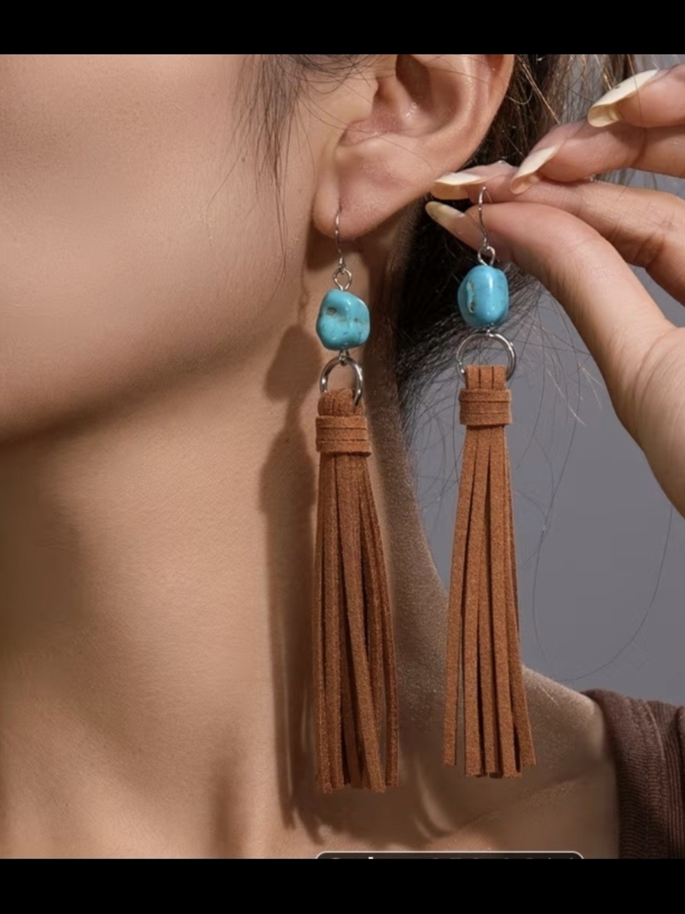 Turquoise Stone Brown Suede Tassel Western Cowgirl Earrings